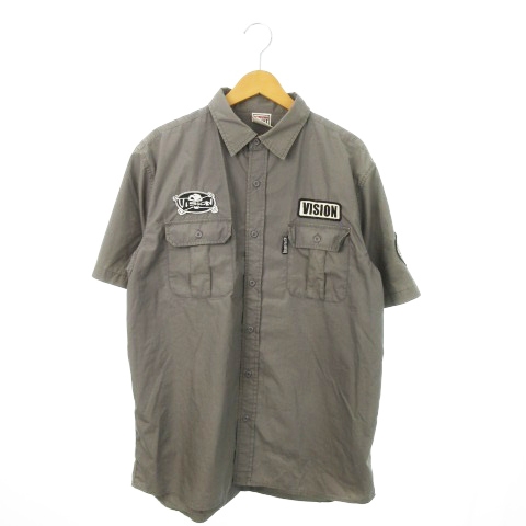 【中古】VISION STREET WEAR ワークシャツ 半袖 ロゴ ワッペン オーバーサイズ LL チャコールグレー