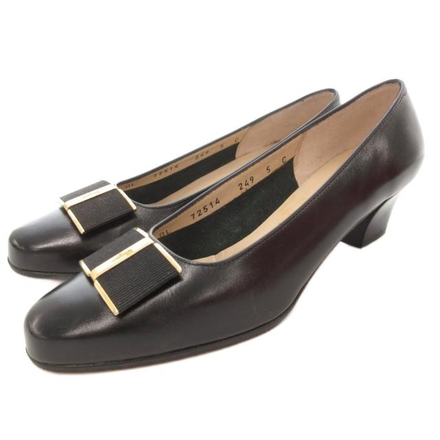 【中古】サルヴァトーレフェラガモ Salvatore Ferragamo パンプス シューズ ローヒール リボン レザー 5 黒