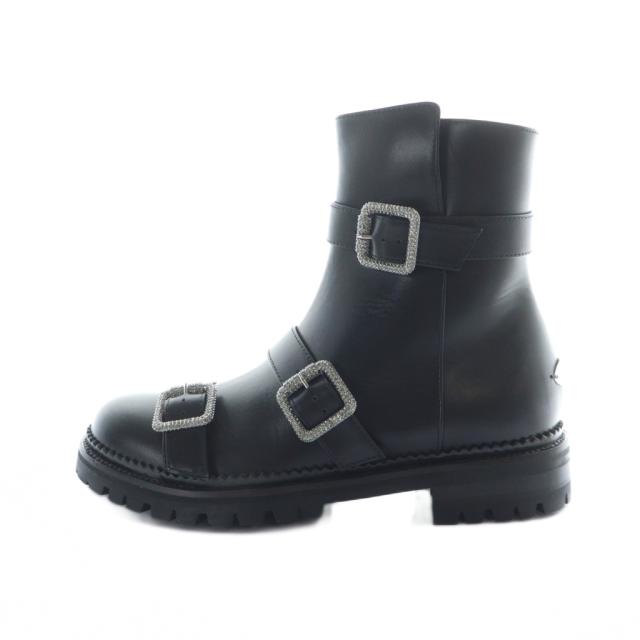 【中古】ジミーチュウ JIMMY CHOO アンクル ブーツ ショートブーツ レザー バックル ラインストーン 35 22cm 黒