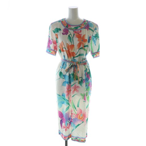 【中古】レオナール LEONARD ワンピース ロング 半袖 フラワー 花柄 総柄 ベルト付き 肩パッド L 白 マルチカラー