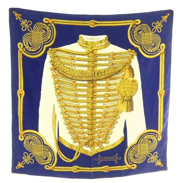 【中古】エルメス HERMES カレ 90 BRANDEBOURGS ブランデンブルク飾り スカーフ ストール 大判 絹 シルク 総柄 紺