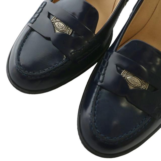 【中古】トッズ TOD'S パンプス ローファー レザー ラウンドトゥ チャンキーヒール ロゴ 37.5 24.5cm 紺