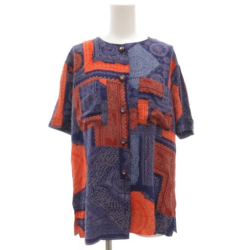 【中古】CELINE オールドセリーヌ ヴィンテージ ノーカラー シャツ ブラウス 半袖 青 トリオンフボタン ペイズリー