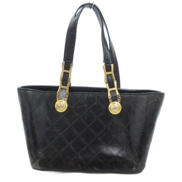 【中古】ジャンニヴェルサーチ GIANNI VERSACE ヴィンテージ トートバッグ レザー サンバースト ゴールド金具 総柄 黒