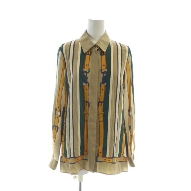 【中古】グッチ GUCCI シャツ ブラウス 長袖 ステンカラー ストライプ 絹 シルク ロゴ 36 XS マルチカラー ■GY17