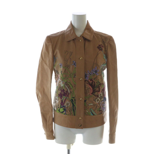【中古】グッチ GUCCI レザージャケット 革ジャン 長袖 総裏地 36 XS 茶 ブラウン 花柄 フラワー柄 /MQ