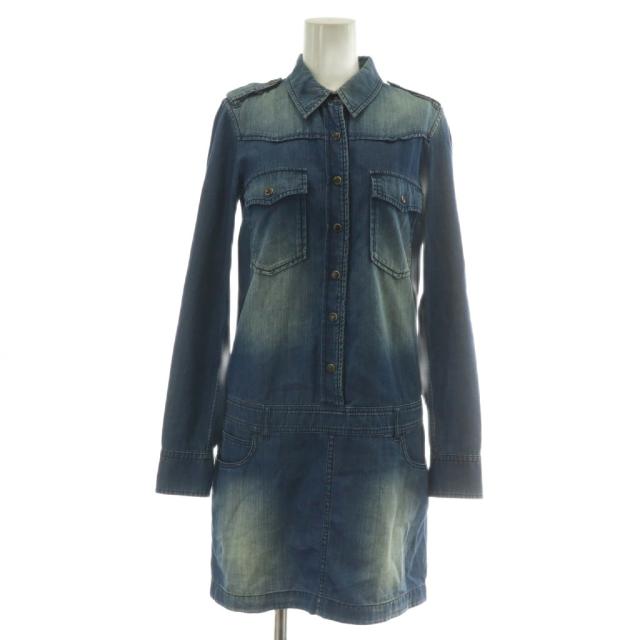 【中古】グッチ GUCCI デニム ウエスタン シャツワンピース シャツワンピ GG柄 長袖 ひざ丈 36 S 青 ブルー