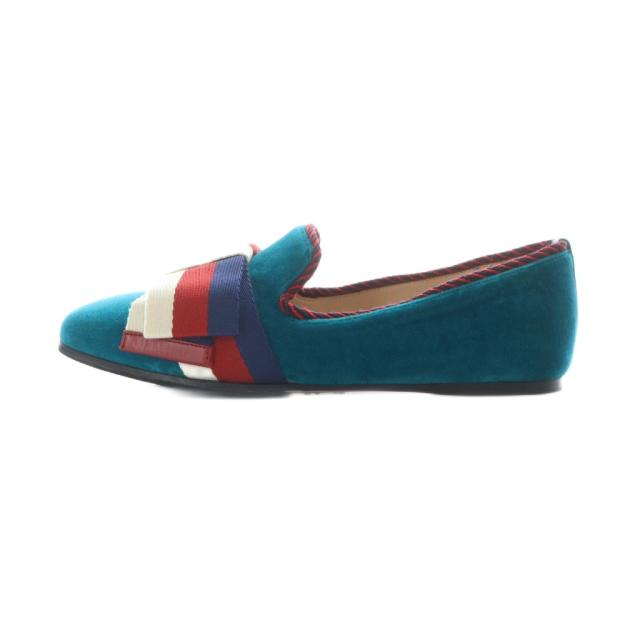 【中古】グッチ GUCCI パンプス スリッポン フラットシューズ ベロア シェリーライン リボン 34 21.5 ブルー 49659