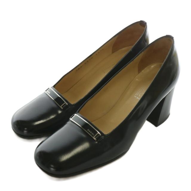 【中古】グッチ GUCCI パンプス レザー スクエアトゥ チャンキーヒール ロゴ 35.5 22.5cm 黒 ブラック