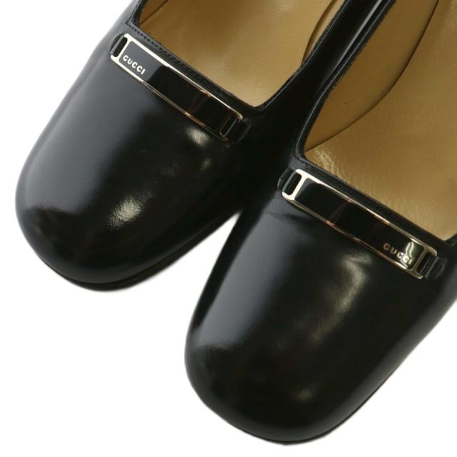 【中古】グッチ GUCCI パンプス レザー スクエアトゥ チャンキーヒール ロゴ 35.5 22.5cm 黒 ブラック