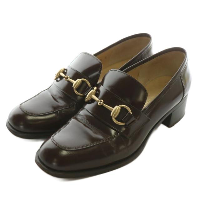 【中古】グッチ GUCCI ローファー パンプス レザー ラウンドトゥ チャンキーヒール ホースビット 35.5 22.5cm 茶色