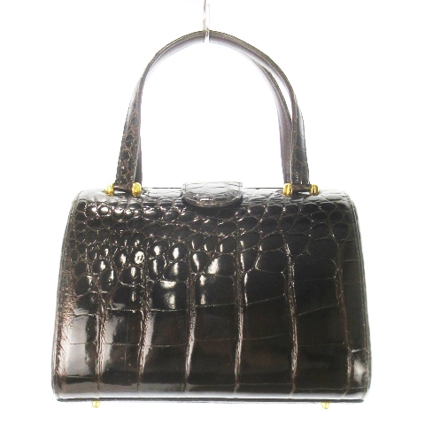 【中古】ノーブランド ハンドバッグ クロコダイル シャイニー レザー 革 ミニボストン 焦げ茶 ダークブラウン