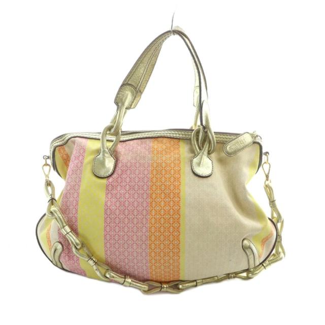 【中古】ロエベ LOEWE ボストン バッグ ハンド トート ショルダー 2WAY ロゴ アナグラム 総柄 キャンバス レザー