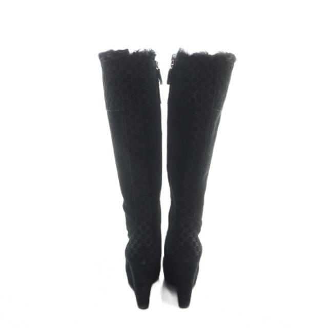 【中古】グッチ GUCCI ロングブーツ ウェッジソール 厚底 ロゴ スエード 34.5 21.5cm 黒 ブラック 296265 ■GY17