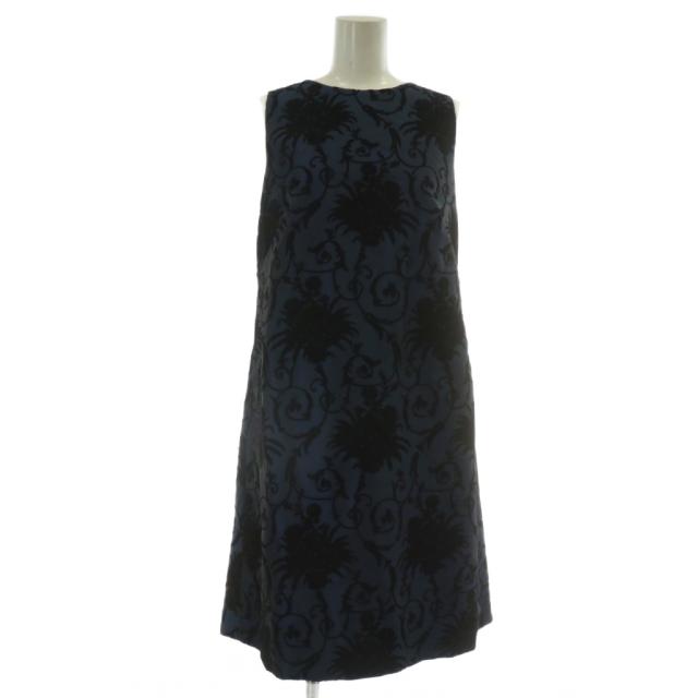 【中古】モスキーノ MOSCHINO ワンピース ノースリーブ ひざ丈 ベロア 花柄 総柄 リボン 42 M 紺 黒