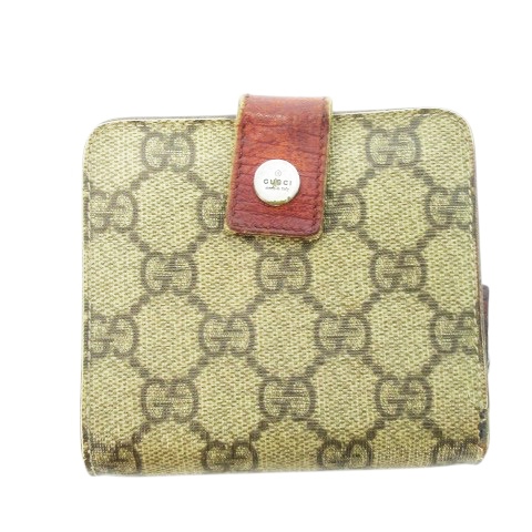 【中古】グッチ GUCCI 二つ折り財布 ウォレット 小銭入れあり レザー 革 PVC GGプラス GGスプリーム ロゴ 茶