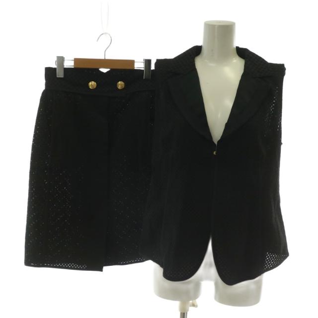 【中古】LOUIS VUITTON セットアップ 上下 ベスト シルク 肩パッド タイトスカート ひざ丈 メッシュ 金ボタン 38 M 黒