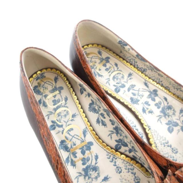 【中古】グッチ GUCCI フラットパンプス バレエシューズ レザー ロゴ リボン 39 25.5cm 茶 ブラウン /JS ■GY11