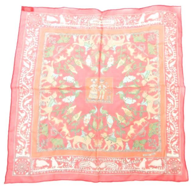 【中古】エルメス HERMES 美品 ガヴロッシュ カレ 45 early america スカーフ シルク 総柄 赤 レッド