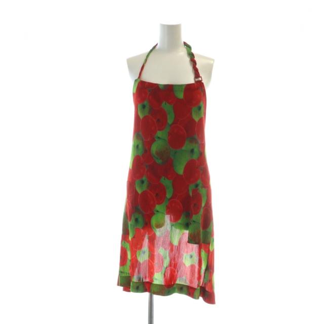 【中古】プリーツプリーズ PLEATS PLEASE エプロン 総柄 りんご柄 ロゴ 赤 レッド PP83FH314 ■GY17 /MQ レディース