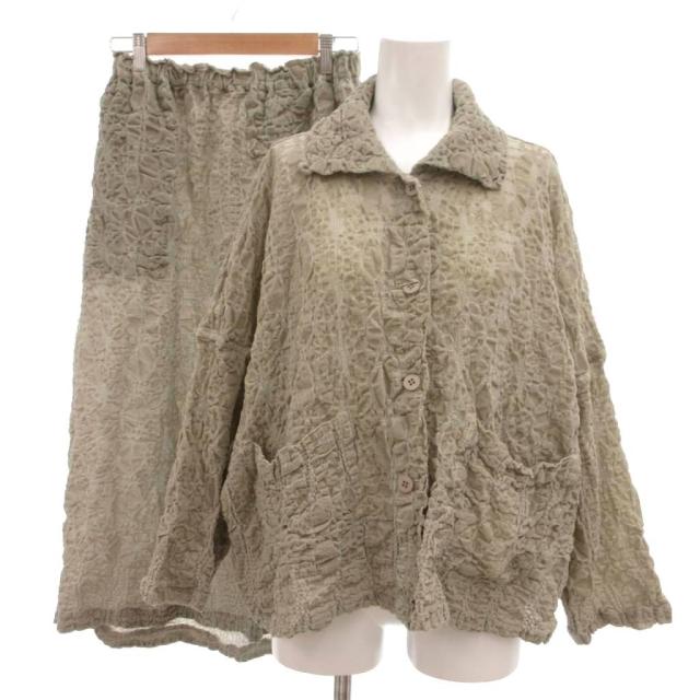 【中古】ミーイッセイミヤケ セットアップ シャツジャケット スカート フロッキープリント グレー