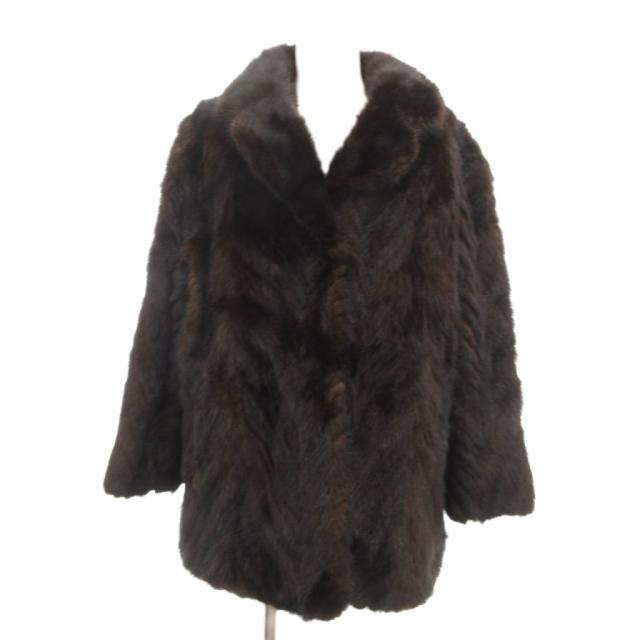 【中古】ファーコート 毛皮 ミンク ストライプ ミドル丈 ダークブラウン /JS ■GY18 レディース