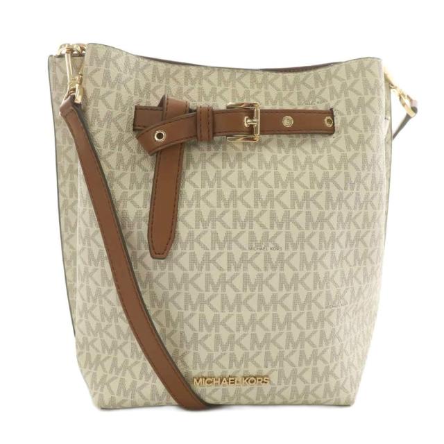 【中古】マイケルコース MICHAEL KORS ショルダーバッグ PVC レザー MKシグネチャー 総柄 ロゴ ゴールド金具 白 茶色