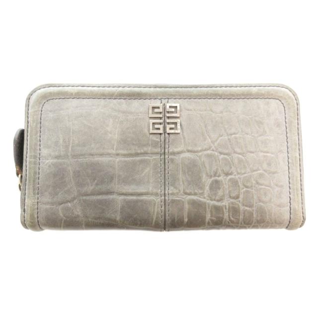 【中古】ジバンシィ GIVENCHY 長財布 ウォレット ロゴ ラウンドファスナー レザー クロコ型押し グレー