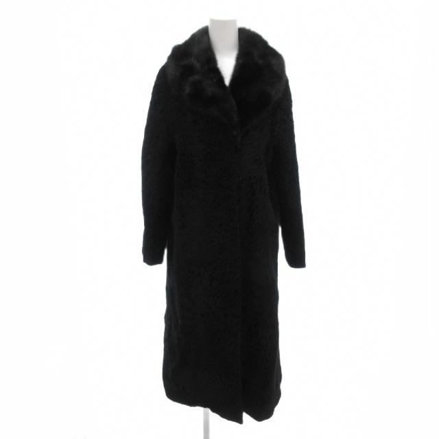 【中古】ナカムラファー Nakamura fur ラムファー コート 襟ブラックミンクファー 毛皮 ロング 黒 ブラック