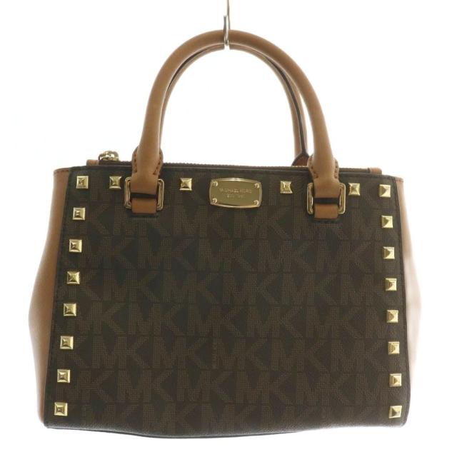 【中古】MICHAEL KORS KELLEN ハンドバッグ PVC レザー MKシグネチャー スタッズ 総柄 ロゴ 茶色 35T7GK9S0B