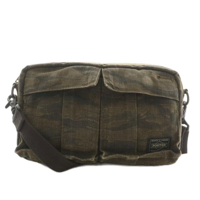 【中古】ポーター 吉田カバン 70周年記念モデル LOVE&PEACE ショルダーバッグ キャンバス 迷彩柄 カモフラ 総柄 茶色