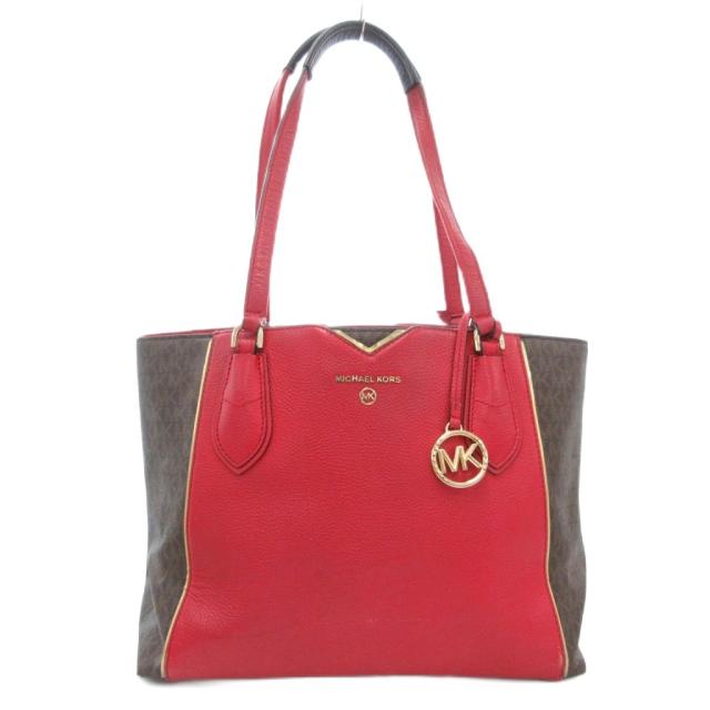 【中古】マイケルコース MICHAEL KORS トートバッグ シグネチャー ロゴ 総柄 PVC レザー 赤 レッド 茶 ブラウン /AE