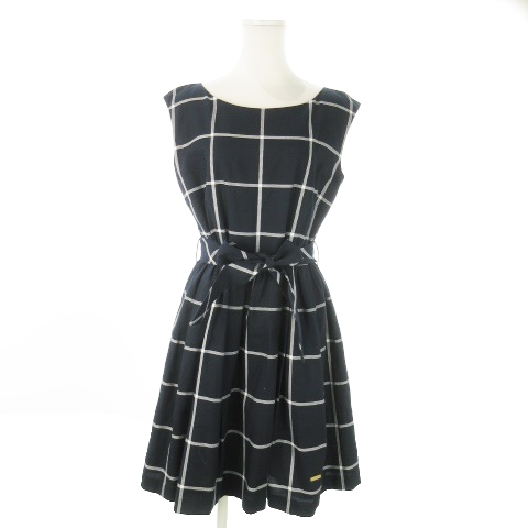 【中古】ブルーレーベルクレストブリッジ CRESTBRIDGE ひざ丈ワンピース ノースリーブ リボン ロゴ チェック 40 紺