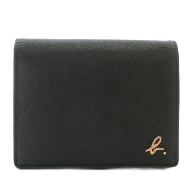 【中古】アニエスベー agnes b. ウォレット 二つ折り 財布 サフィアーノエンボス レザー メタルロゴ ゴールド金具 黒