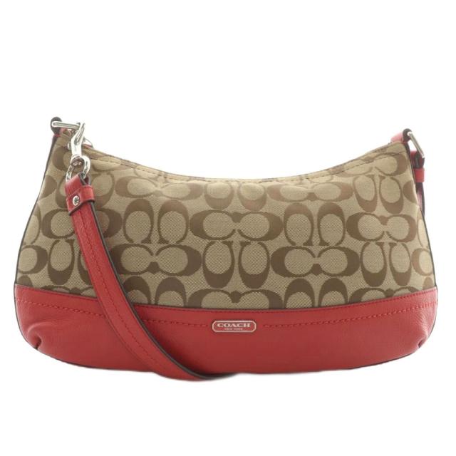 【中古】コーチ COACH ショルダーバッグ キャンバス レザー シグネチャー 総柄 ロゴ 茶色 ブラウン 赤 レッド F24028