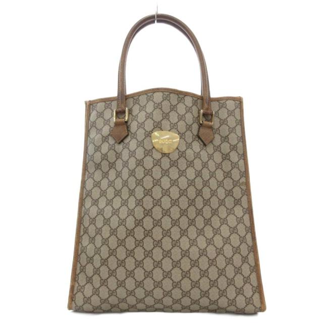 【中古】グッチ GUCCI オールドグッチ ヴィンテージ GGスプリーム トートバッグ ハンド ロゴプレート レザー 茶