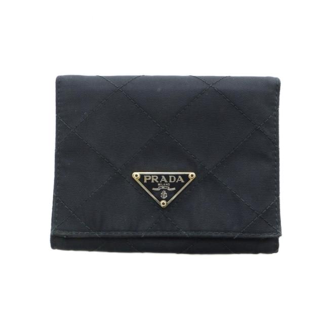 【中古】プラダ PRADA 二つ折り財布 ウォレット キルティング ナイロン レザー 三角プレートロゴ 黒 ブラック