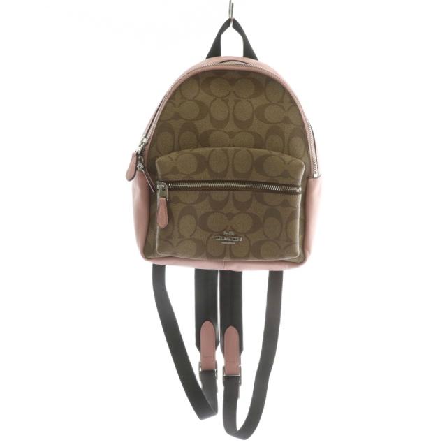 【中古】COACH リュックサック デイパッグ ミニ PVC レザー シグネチャー ロゴ シルバー金具 茶色 ピンク F58315