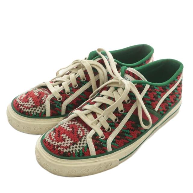【中古】グッチ GUCCI TENNIS テニス 1977 スニーカー キャンバス ローカット 千鳥格子 シェリーライン 総柄 GG 赤 緑
