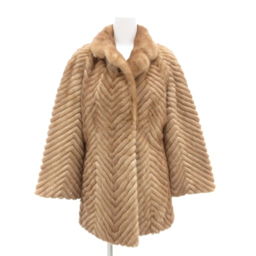 【中古】パロディー palody MITSUKOSHI ファーコート 9 毛皮 ミンクファー シェブロンカット ミドル ハーフ丈 茶