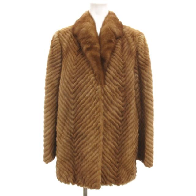 【中古】ノーブランド ファーコート ミンク 毛皮 ミドル丈 ストライプ 11 茶 ブラウン /JS ■GY18 レディース
