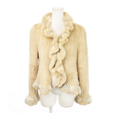 【中古】未使用品 パルティーナ PARTINA レッキスヤーンジャケット フリルカラー ラビットファー 毛皮 LL ベージュ