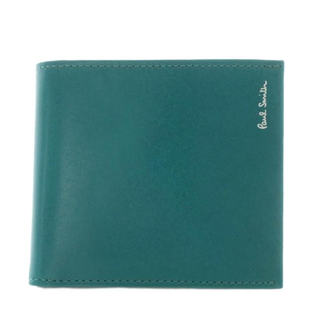 【中古】ポールスミス PAUL SMITH フォールデッドエッジ 財布 二つ折り 牛革 レザー ロゴ ターコイズブルー BPS683