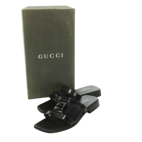 【中古】グッチ GUCCI フラットサンダル ミュール スクエアトゥ レザー 革 Gロゴ 36 23.0cm 黒 ブラック /CK24