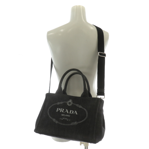【中古】プラダ PRADA カナパ トートバッグ ショルダー 2WAY デニム キャンバス ロゴ 黒 ブラック 中古】プラダ PRADA カナパ トートバッグ ショルダー 2WAY デニム