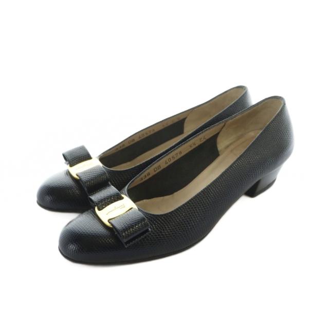 【中古】サルヴァトーレフェラガモ Salvatore Ferragamo パンプス ラウンドトゥ ヴァラ レザー ロゴ 5.5 23cm 黒