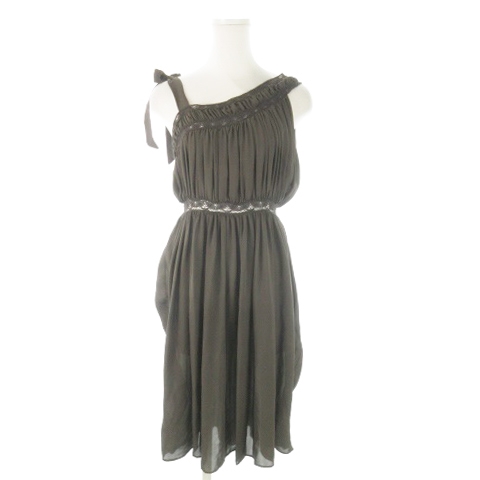 【中古】バレンシアガ シルクワンピース ひざ丈 ノースリーブ レース タック リボン 透け感 アシンメトリー 36 茶