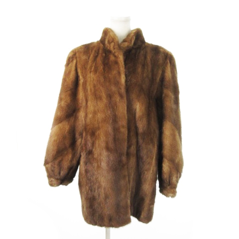 【中古】ノーブランド ファーコート ミンクファー 毛皮 スタンドカラー ミドル丈 大きいサイズ 13 茶 ブラウン