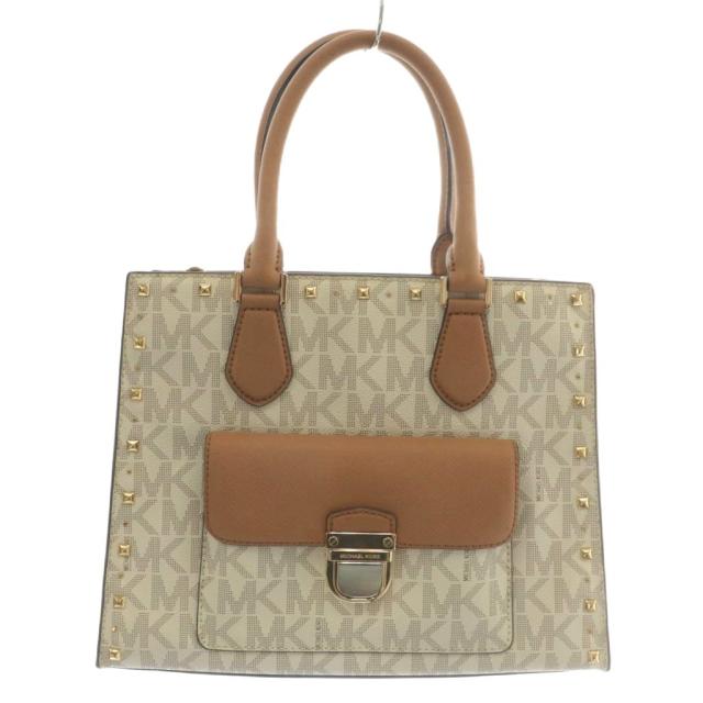 【中古】MICHAEL KORS トートバッグ ショルダー 2WAY シグネチャー 総柄 スタッズ ゴールド金具 白 茶色 35F7GBDT6B