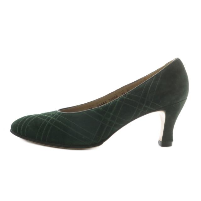 【中古】Salvatore Ferragamo パンプス スエード ポインテッドトゥ ヒール チェック柄 刺繍 総柄 7.5 24.5cm 緑